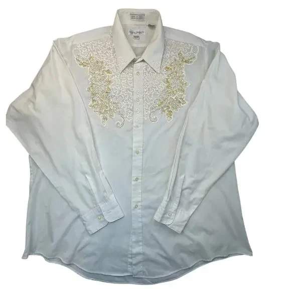 Moda Bianco Dress Shirt Pearl Beaded Floral Sequin Western Cowboy Cream White - Picture 1 of 13